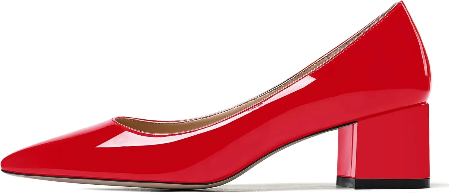 WAYDERNS Women's Pointed Toe Patent Leather Slip On Chunky Low Heel Pumps Office Work Dress Court Shoes 2 Inch