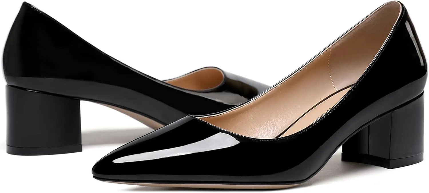 WAYDERNS Women's Pointed Toe Patent Leather Slip On Chunky Low Heel Pumps Office Work Dress Court Shoes 2 Inch
