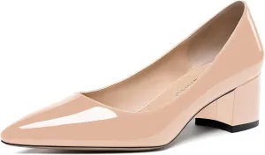 WAYDERNS Women's Pointed Toe Patent Leather Slip On Chunky Low Heel Pumps Office Work Dress Court Shoes 2 Inch
