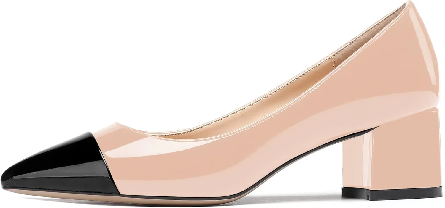 WAYDERNS Women's Pointed Toe Patent Leather Slip On Chunky Low Heel Pumps Office Work Dress Court Shoes 2 Inch
