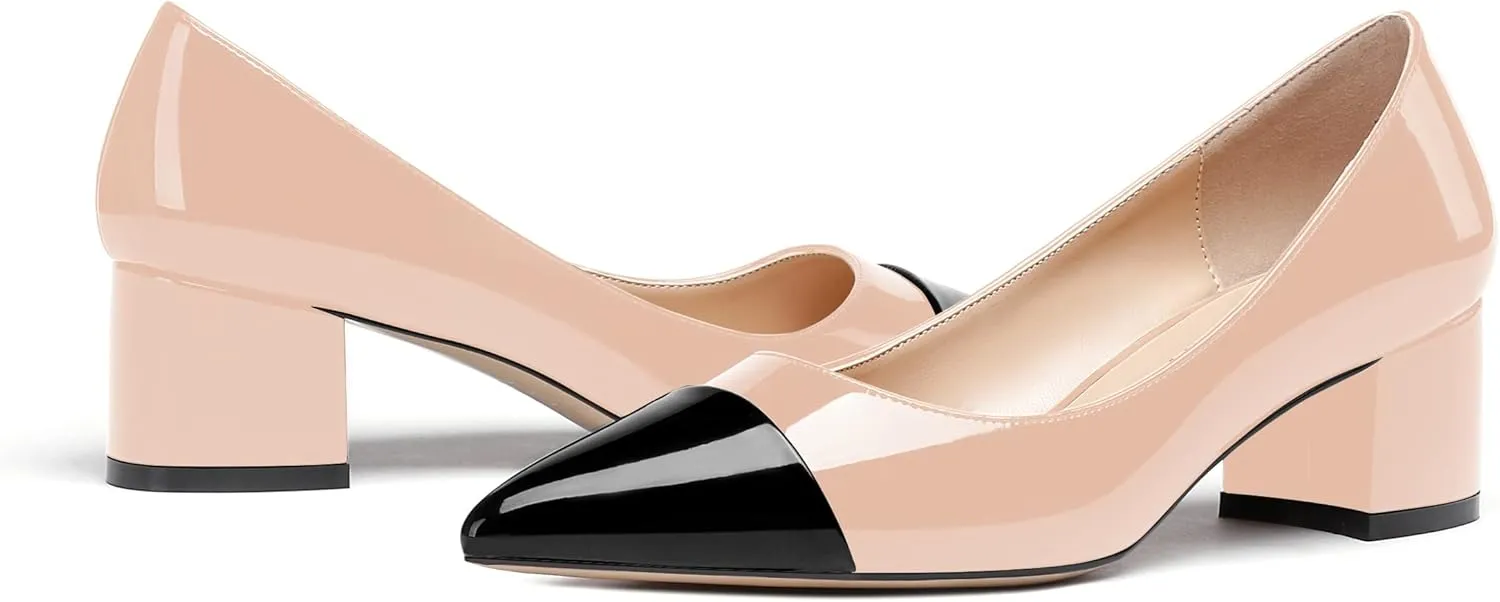 WAYDERNS Women's Pointed Toe Patent Leather Slip On Chunky Low Heel Pumps Office Work Dress Court Shoes 2 Inch