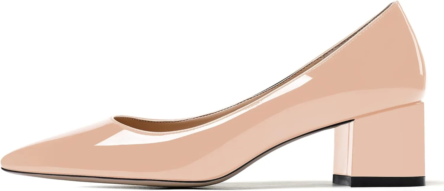 WAYDERNS Women's Pointed Toe Patent Leather Slip On Chunky Low Heel Pumps Office Work Dress Court Shoes 2 Inch