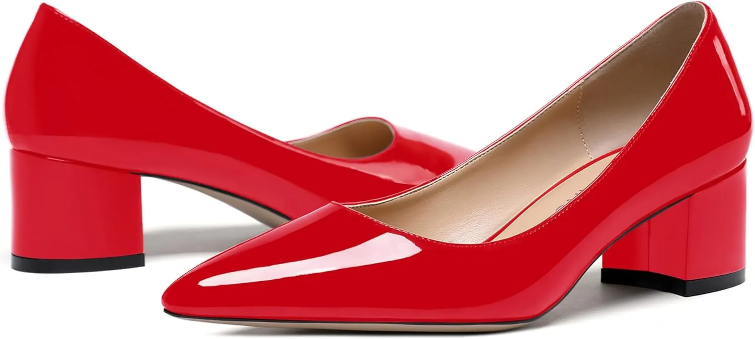 WAYDERNS Women's Pointed Toe Patent Leather Slip On Chunky Low Heel Pumps Office Work Dress Court Shoes 2 Inch