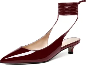 WAYDERNS Women's Slender Wrap-Around Ankle Straps Slingback Patent Pointed Toe Solid Kitten Low Heel Pumps Shoes 1.5 Inch