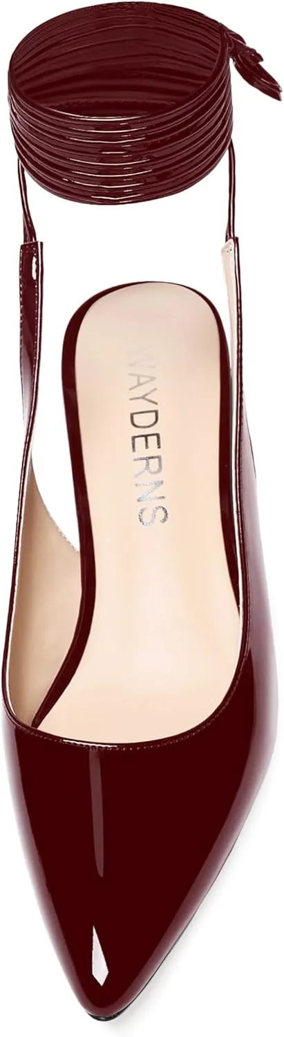 WAYDERNS Women's Slender Wrap-Around Ankle Straps Slingback Patent Pointed Toe Solid Kitten Low Heel Pumps Shoes 1.5 Inch
