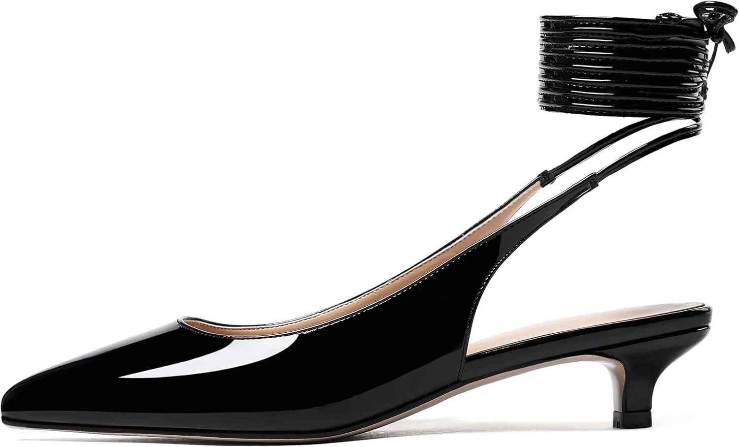 WAYDERNS Women's Slender Wrap-Around Ankle Straps Slingback Patent Pointed Toe Solid Kitten Low Heel Pumps Shoes 1.5 Inch
