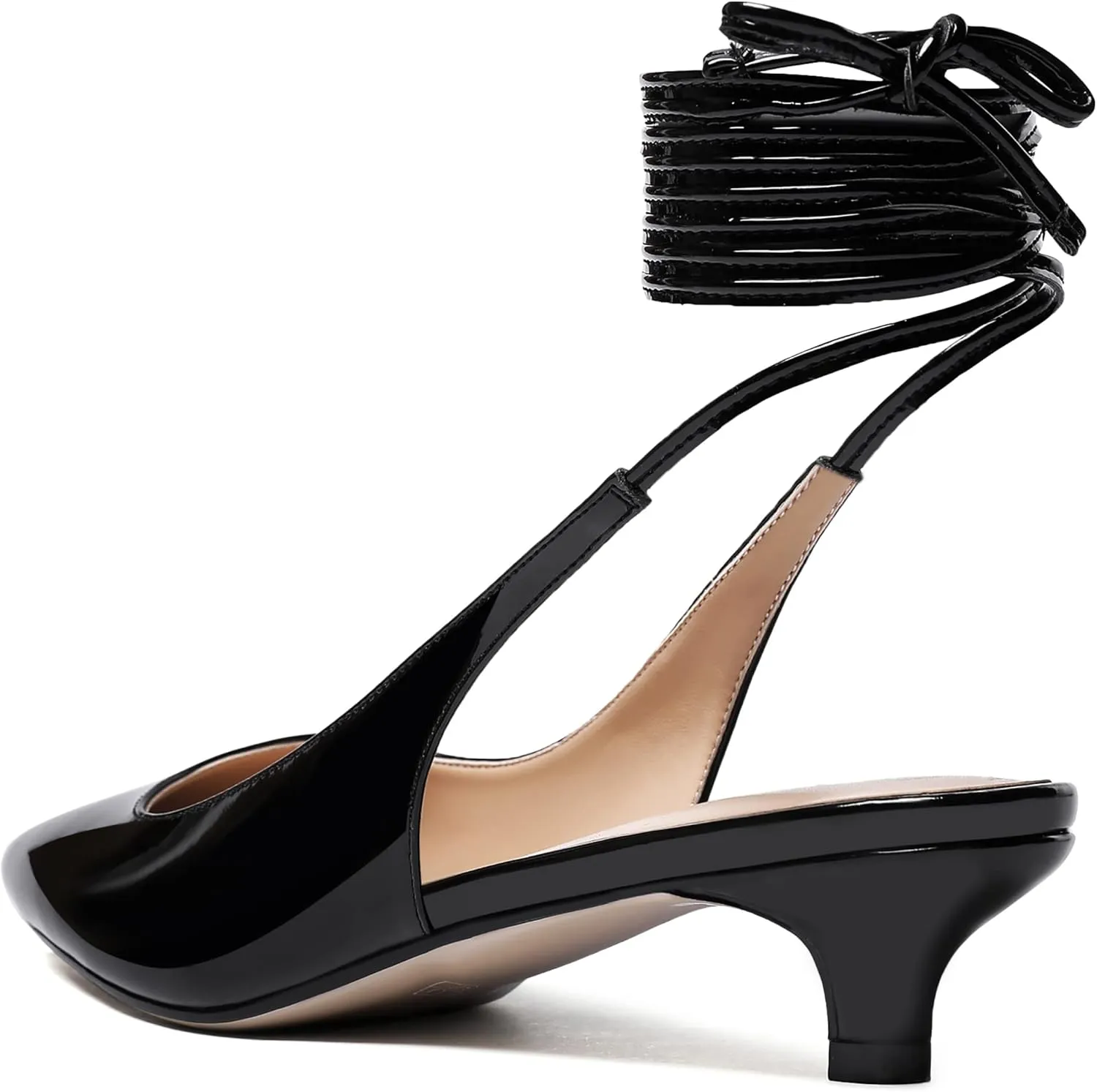 WAYDERNS Women's Slender Wrap-Around Ankle Straps Slingback Patent Pointed Toe Solid Kitten Low Heel Pumps Shoes 1.5 Inch