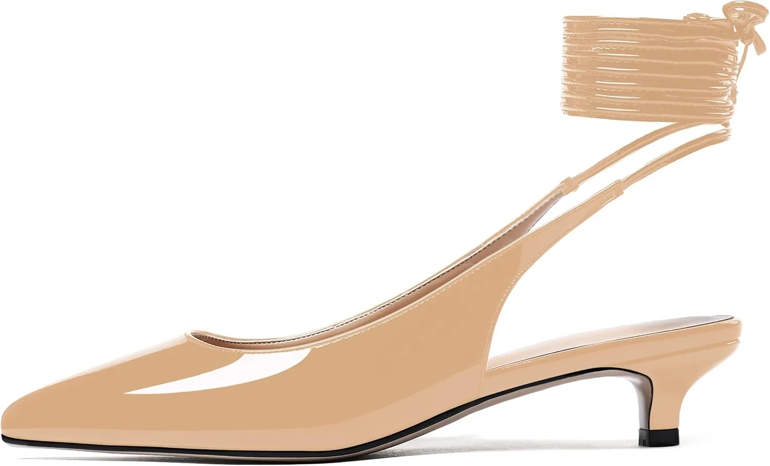 WAYDERNS Women's Slender Wrap-Around Ankle Straps Slingback Patent Pointed Toe Solid Kitten Low Heel Pumps Shoes 1.5 Inch