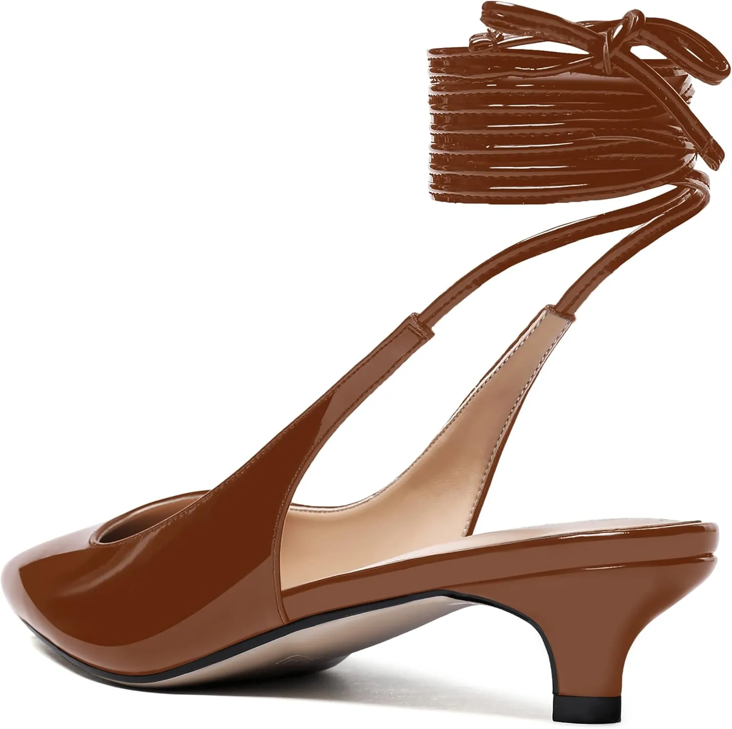 WAYDERNS Women's Slender Wrap-Around Ankle Straps Slingback Patent Pointed Toe Solid Kitten Low Heel Pumps Shoes 1.5 Inch