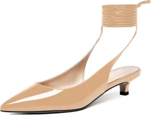 WAYDERNS Women's Slender Wrap-Around Ankle Straps Slingback Patent Pointed Toe Solid Kitten Low Heel Pumps Shoes 1.5 Inch