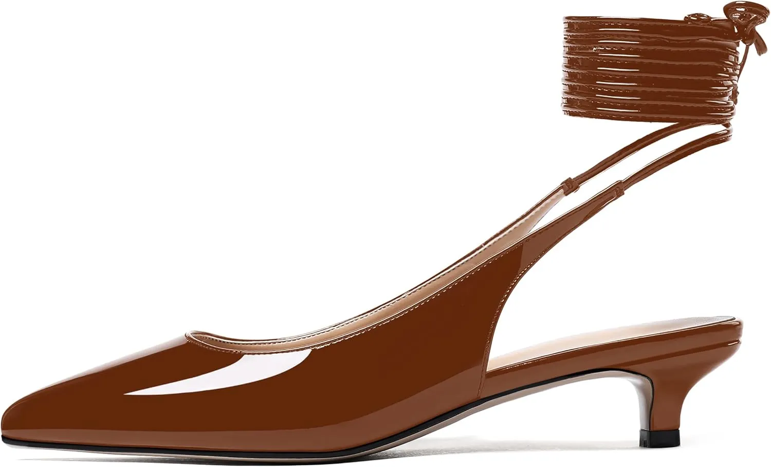 WAYDERNS Women's Slender Wrap-Around Ankle Straps Slingback Patent Pointed Toe Solid Kitten Low Heel Pumps Shoes 1.5 Inch