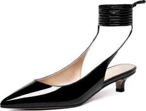 WAYDERNS Women's Slender Wrap-Around Ankle Straps Slingback Patent Pointed Toe Solid Kitten Low Heel Pumps Shoes 1.5 Inch