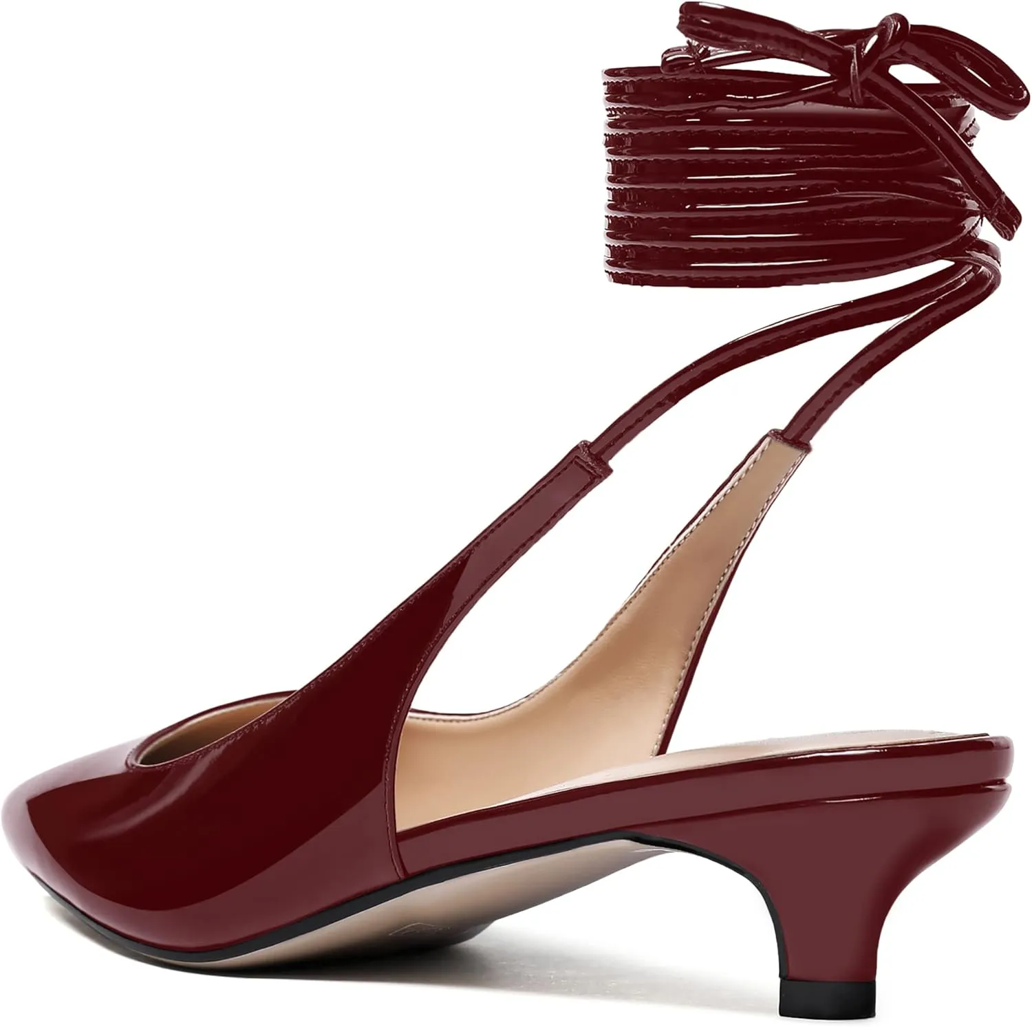WAYDERNS Women's Slender Wrap-Around Ankle Straps Slingback Patent Pointed Toe Solid Kitten Low Heel Pumps Shoes 1.5 Inch