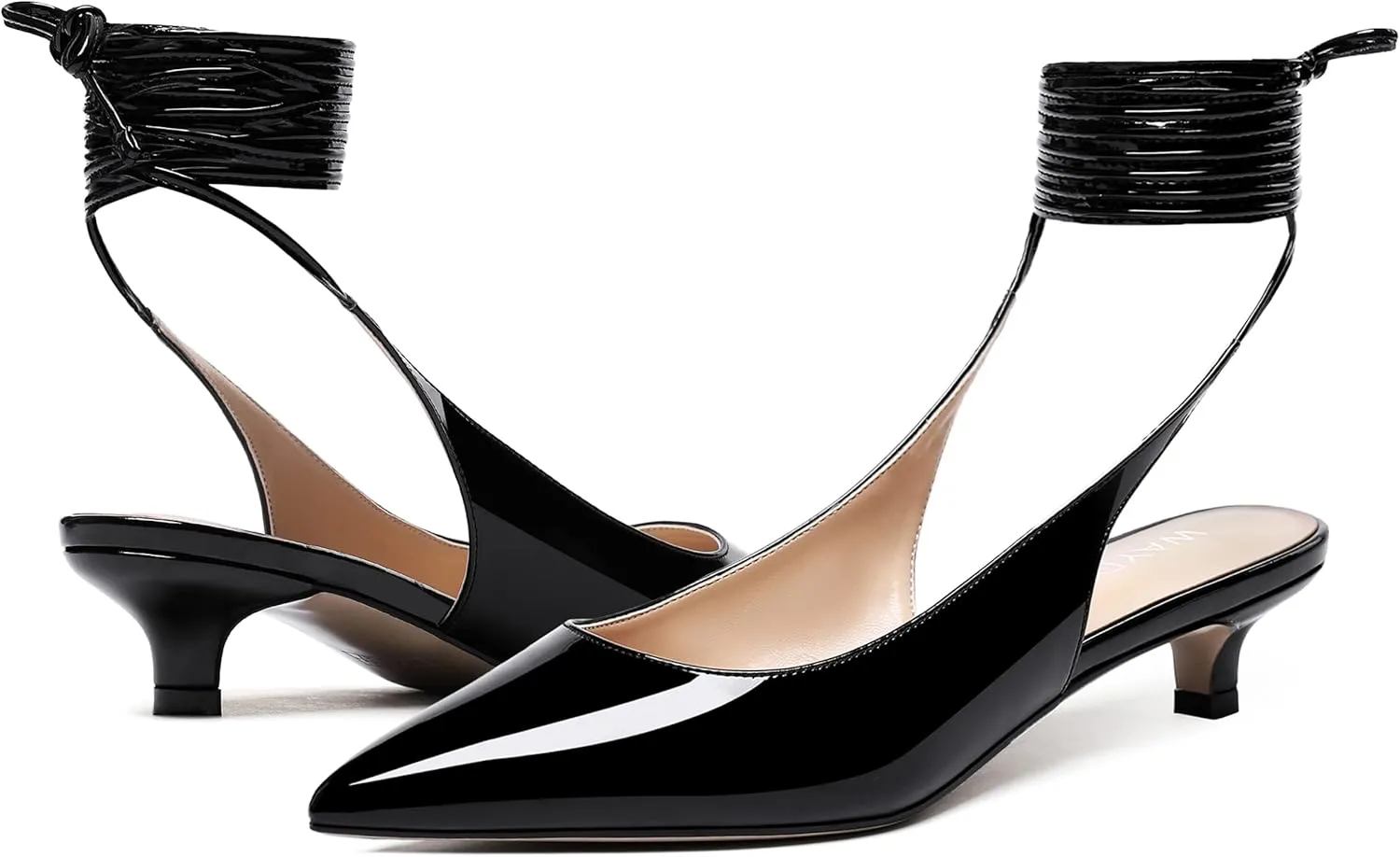 WAYDERNS Women's Slender Wrap-Around Ankle Straps Slingback Patent Pointed Toe Solid Kitten Low Heel Pumps Shoes 1.5 Inch