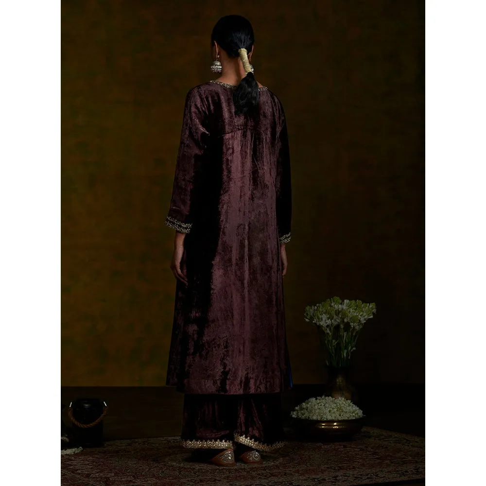 WeaverStory Brown Velvet Suit Set With Zardozi Work (Set of 3)