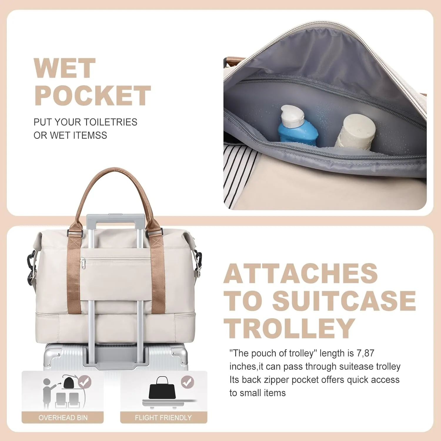 Weekender Bags for Women, Travel Duffel Bags with Shoe Compartment & Laptop Compartment,Travel Bag for Airlines,Carry on Overnight Tote Bag for women with Toiletry Bag, Upgraded-Beige&Brown