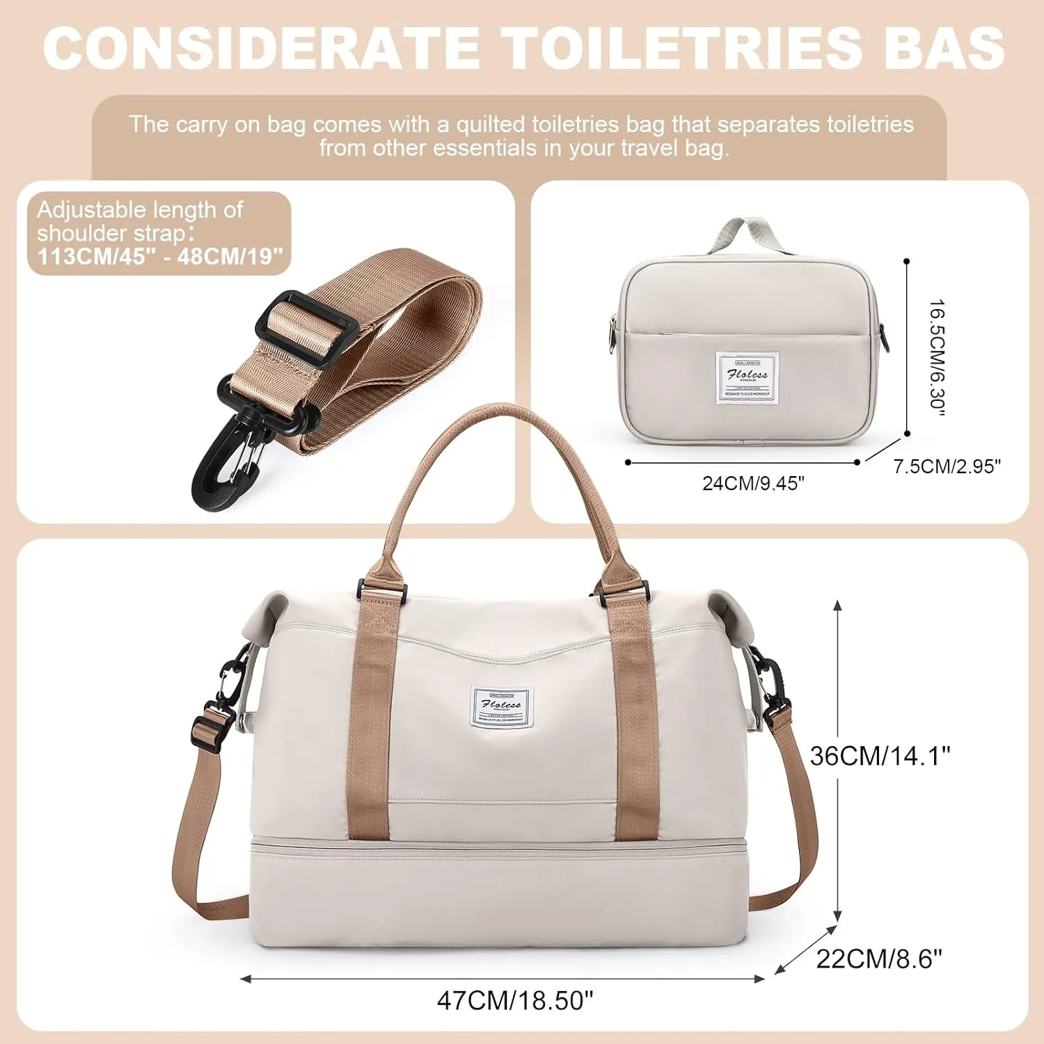Weekender Bags for Women, Travel Duffel Bags with Shoe Compartment & Laptop Compartment,Travel Bag for Airlines,Carry on Overnight Tote Bag for women with Toiletry Bag, Upgraded-Beige&Brown