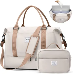 Weekender Bags for Women, Travel Duffel Bags with Shoe Compartment & Laptop Compartment,Travel Bag for Airlines,Carry on Overnight Tote Bag for women with Toiletry Bag, Upgraded-Beige&Brown