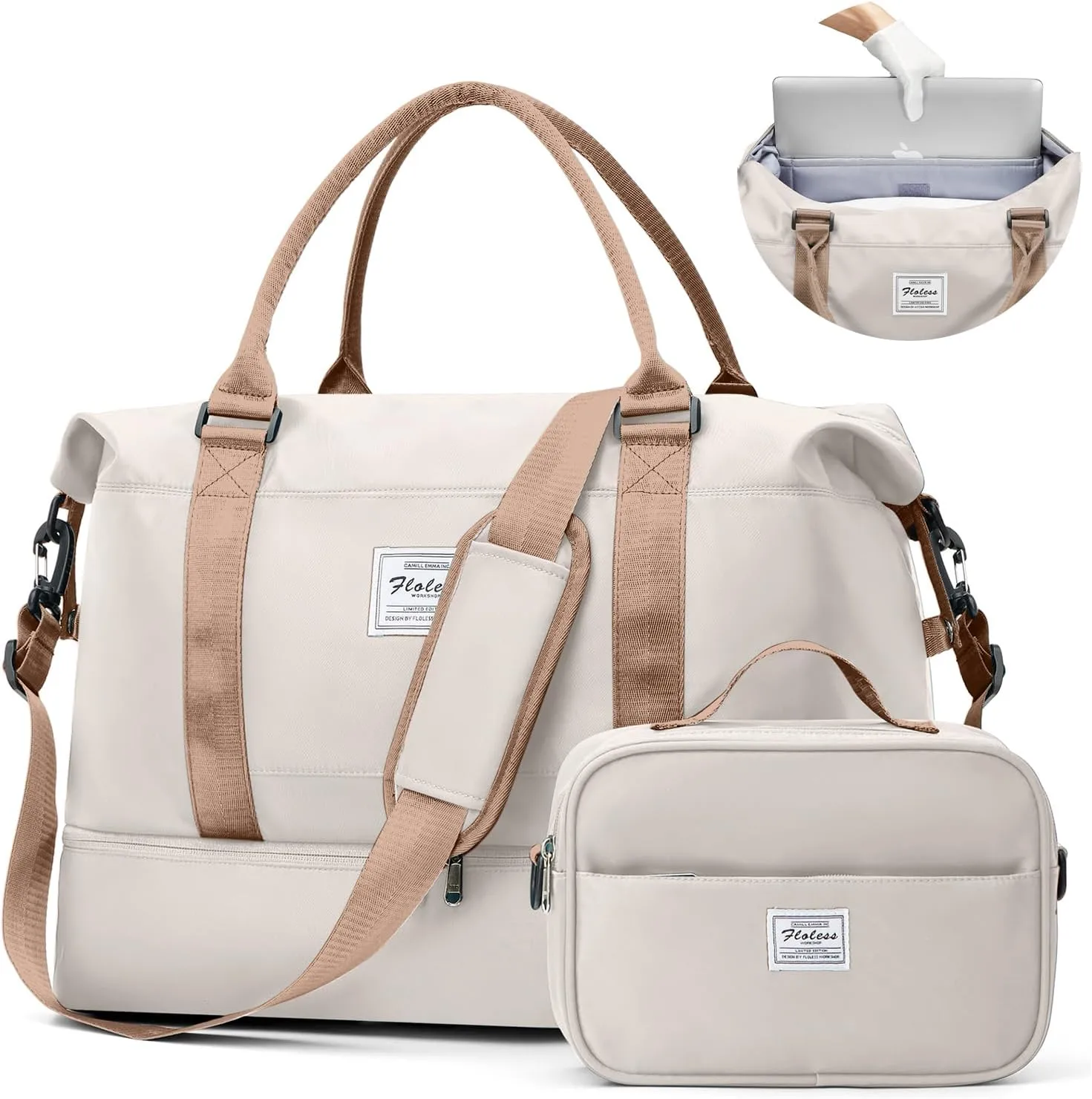 Weekender Bags for Women, Travel Duffel Bags with Shoe Compartment & Laptop Compartment,Travel Bag for Airlines,Carry on Overnight Tote Bag for women with Toiletry Bag, Upgraded-Beige&Brown