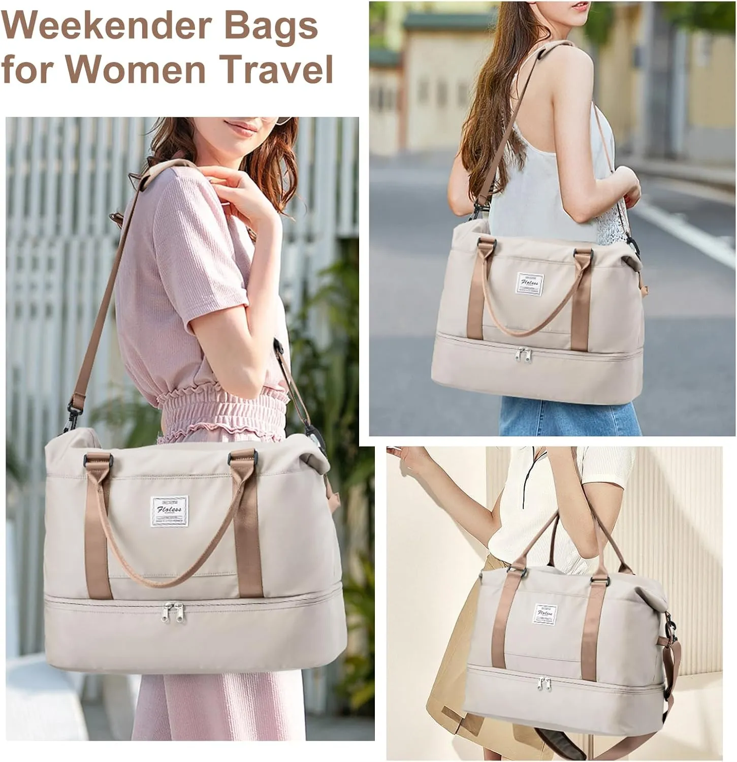 Weekender Bags for Women, Travel Duffel Bags with Shoe Compartment & Laptop Compartment,Travel Bag for Airlines,Carry on Overnight Tote Bag for women with Toiletry Bag, Upgraded-Beige&Brown