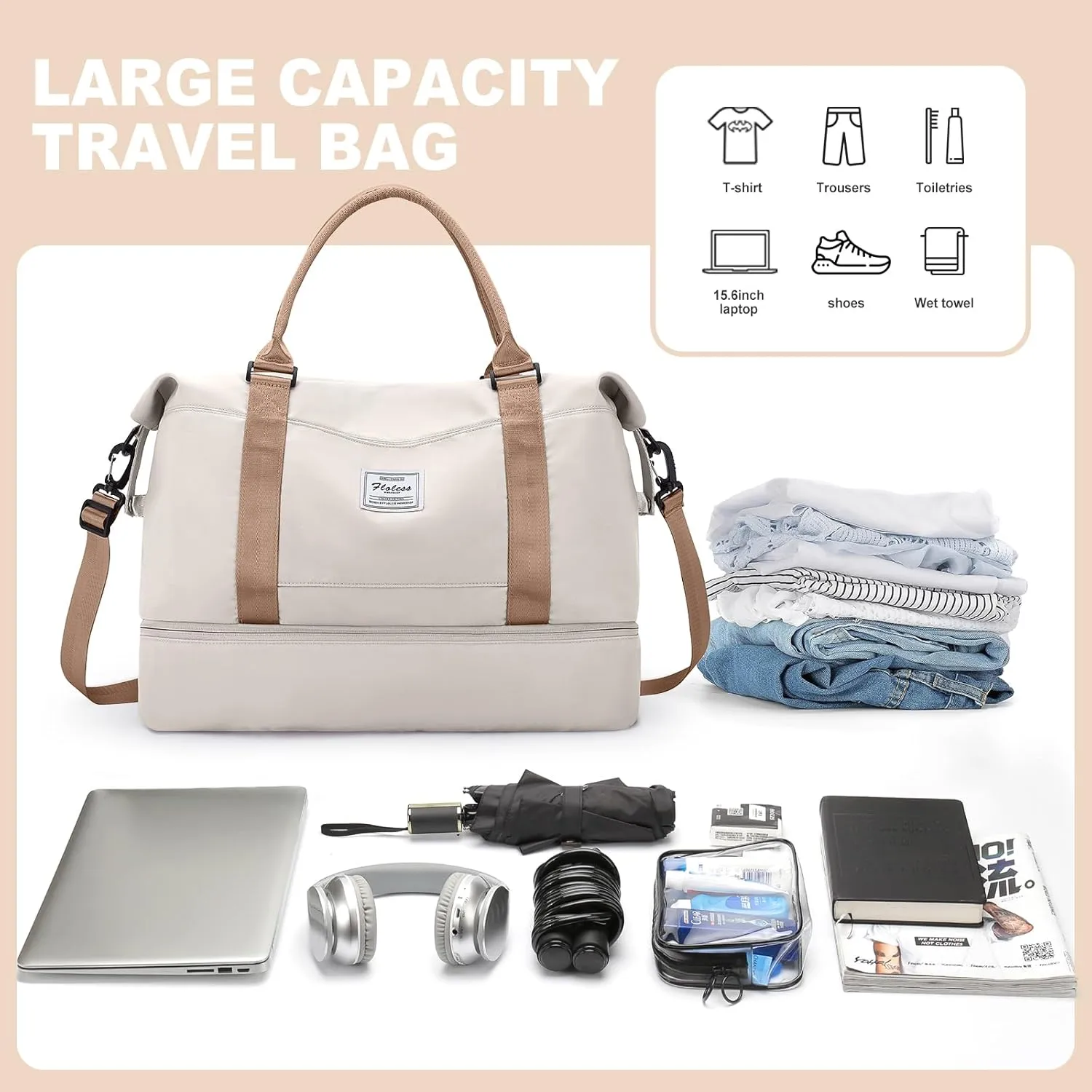 Weekender Bags for Women, Travel Duffel Bags with Shoe Compartment & Laptop Compartment,Travel Bag for Airlines,Carry on Overnight Tote Bag for women with Toiletry Bag, Upgraded-Beige&Brown