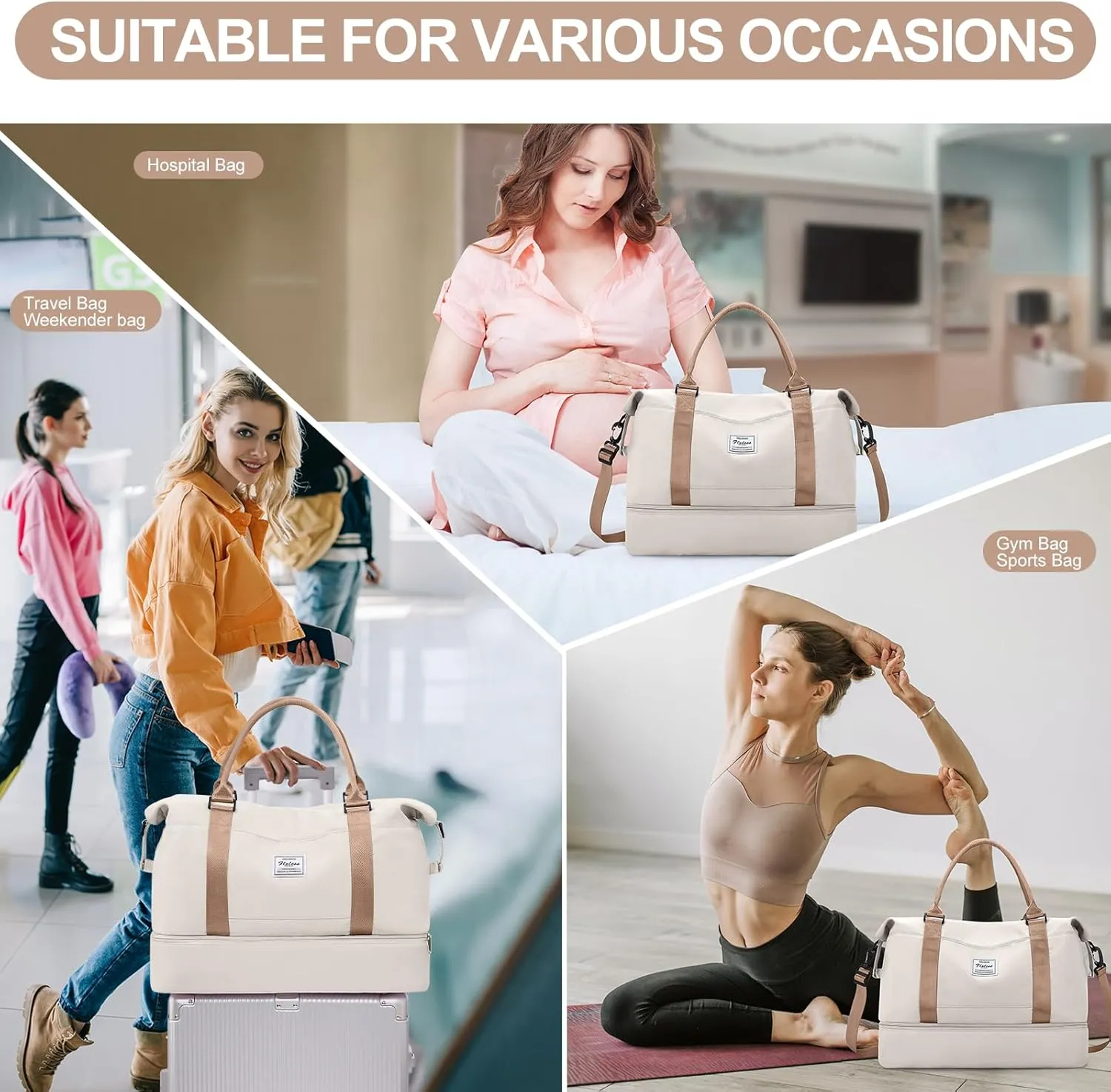 Weekender Bags for Women,Travel Duffle Overnight Bag with Shoe Compartment,Personal Item Carry On Bag,Gym Bag,3 Pcs Set