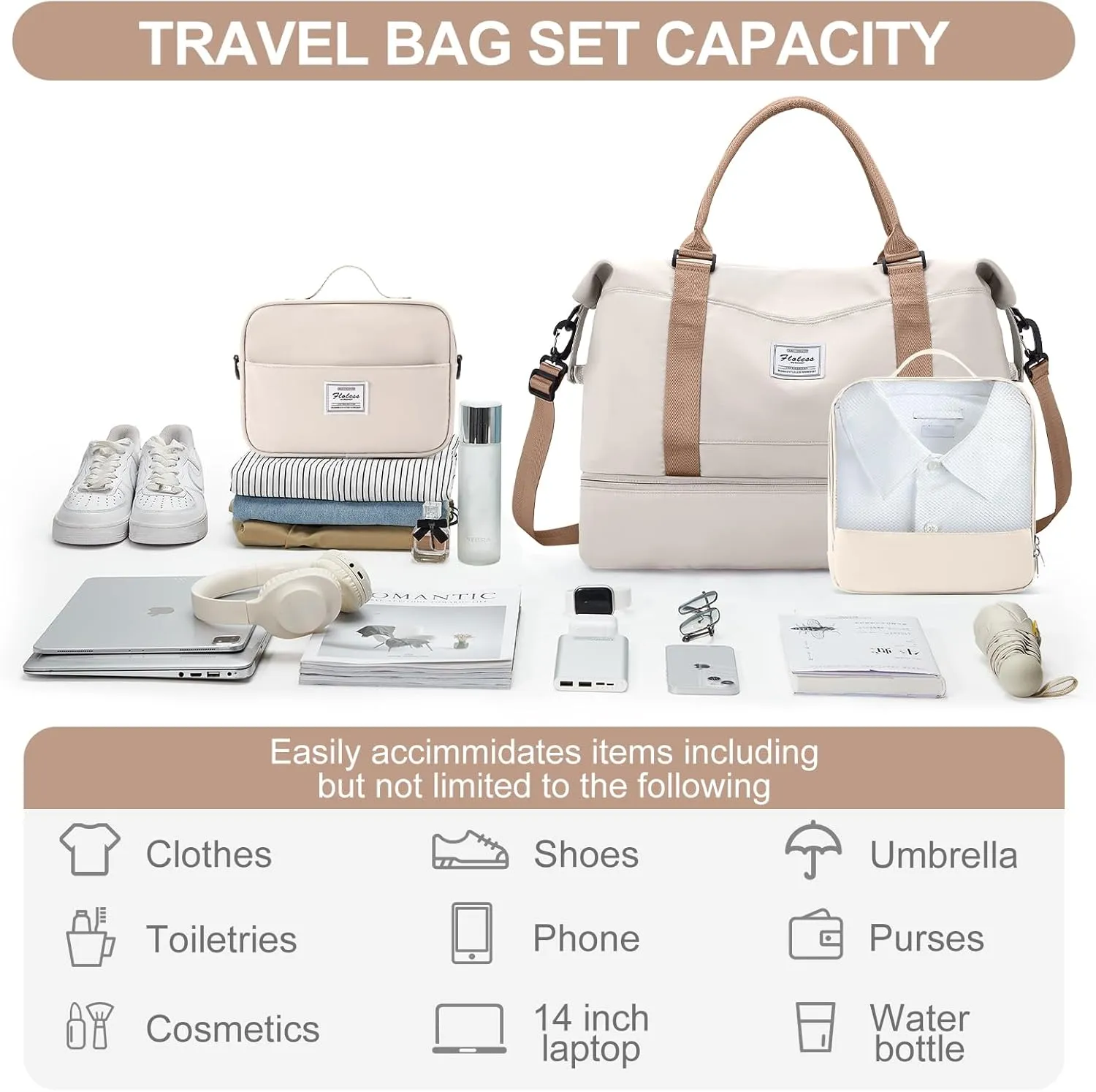 Weekender Bags for Women,Travel Duffle Overnight Bag with Shoe Compartment,Personal Item Carry On Bag,Gym Bag,3 Pcs Set