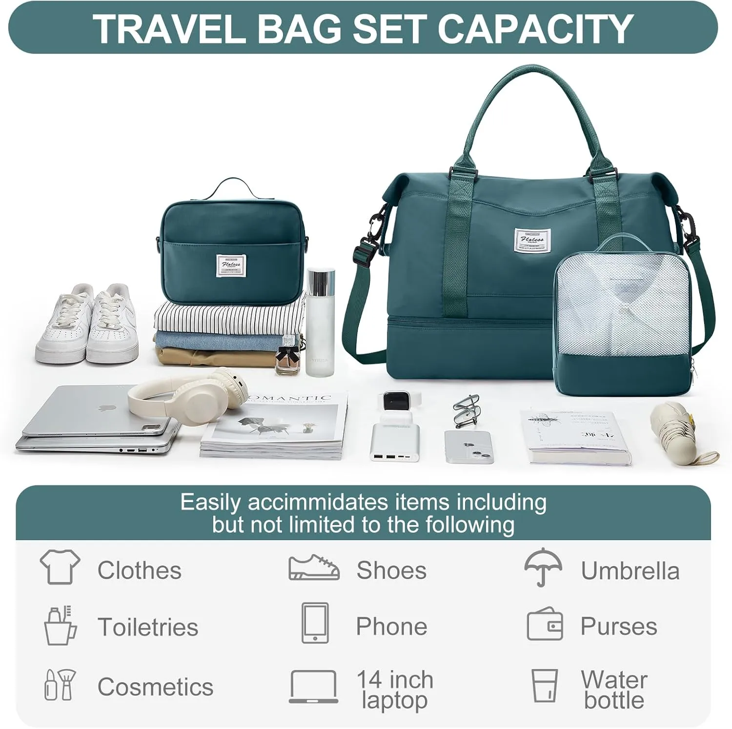 Weekender Bags for Women,Travel Duffle Overnight Bag with Shoe Compartment,Personal Item Carry On Bag,Gym Bag,3 Pcs Set