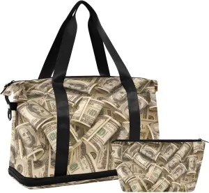 Weekender Overnight Bags for Women Hundred Dollar Bills Money Travel Duffel with Shoe Compartments Gym Duffel with Toiletry Bag for Travel Sport Yoga 17 Inch