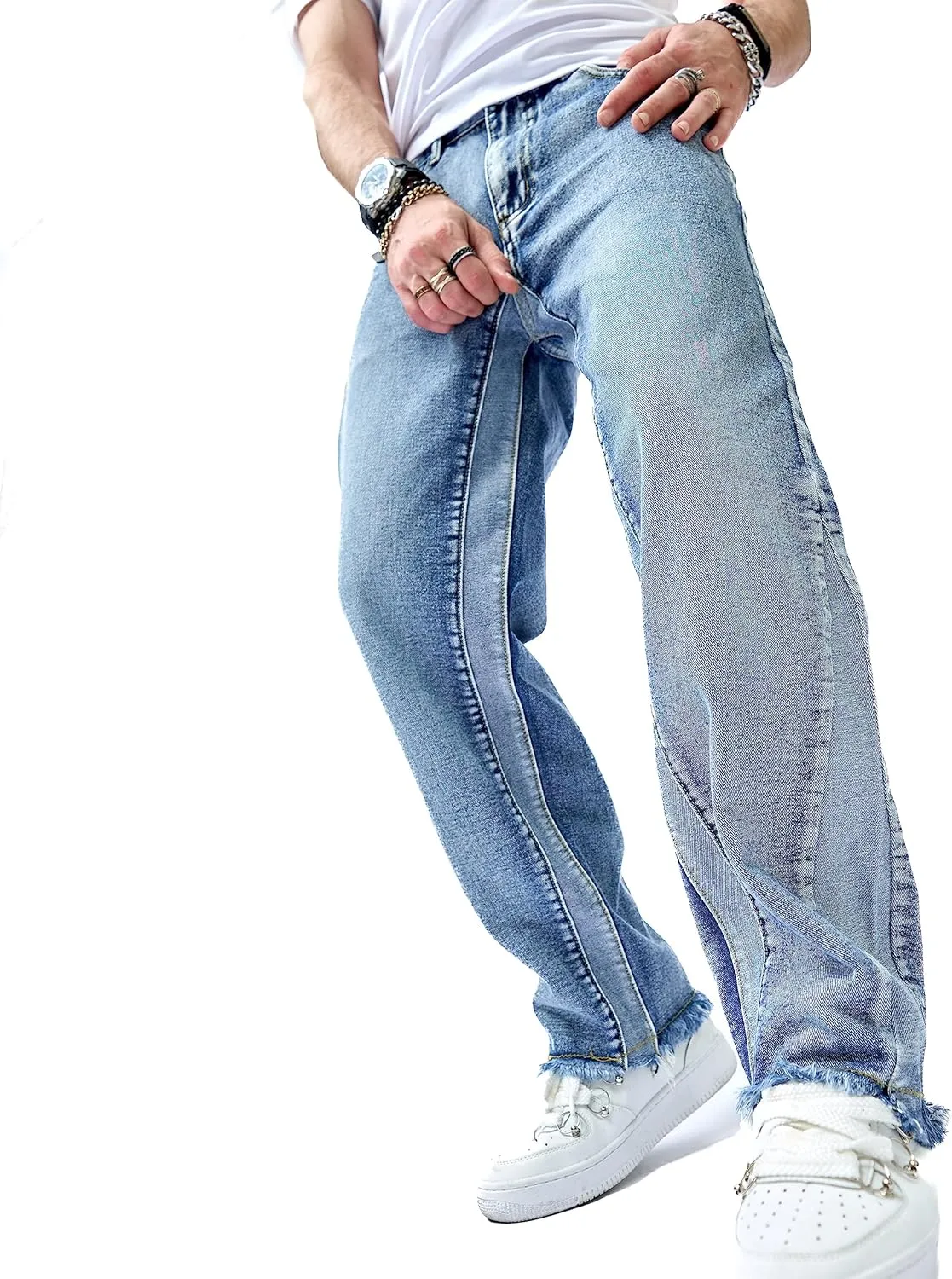 WEIBUMAOYI Men's Wide-Leg Jeans Straight Leg Carpenter Denim Pants Loose fit Trousers