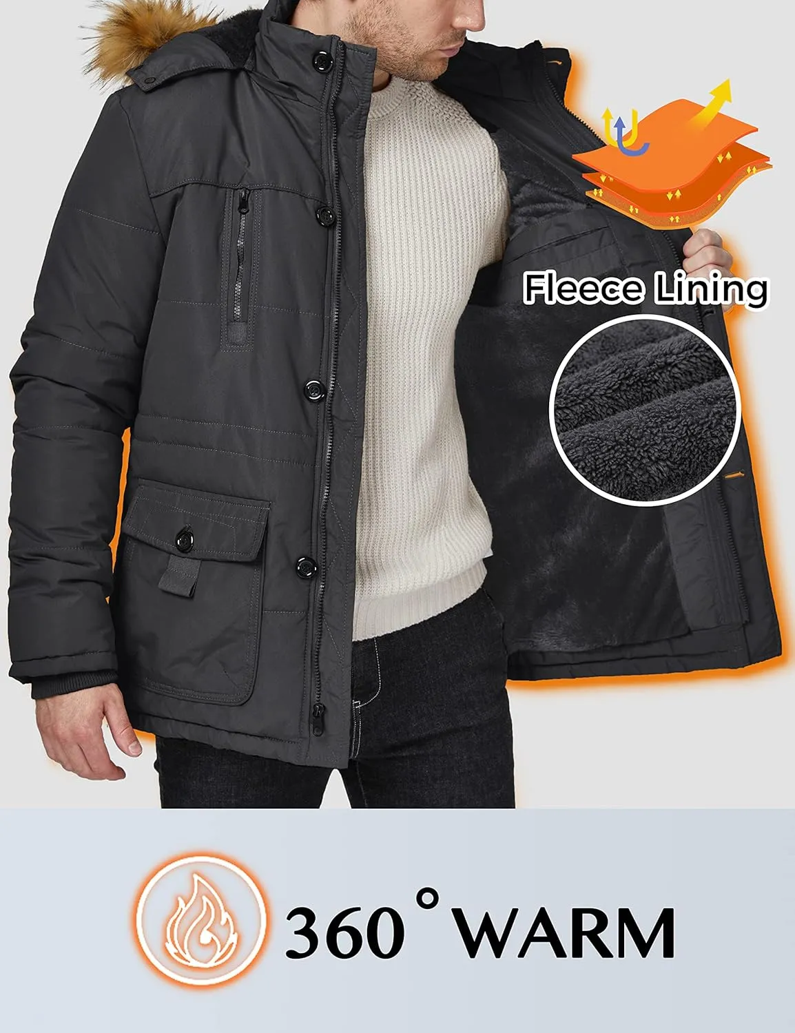 WenVen Men's Winter Coat Warm Parka Jacket with Faux Fur Removable Hood