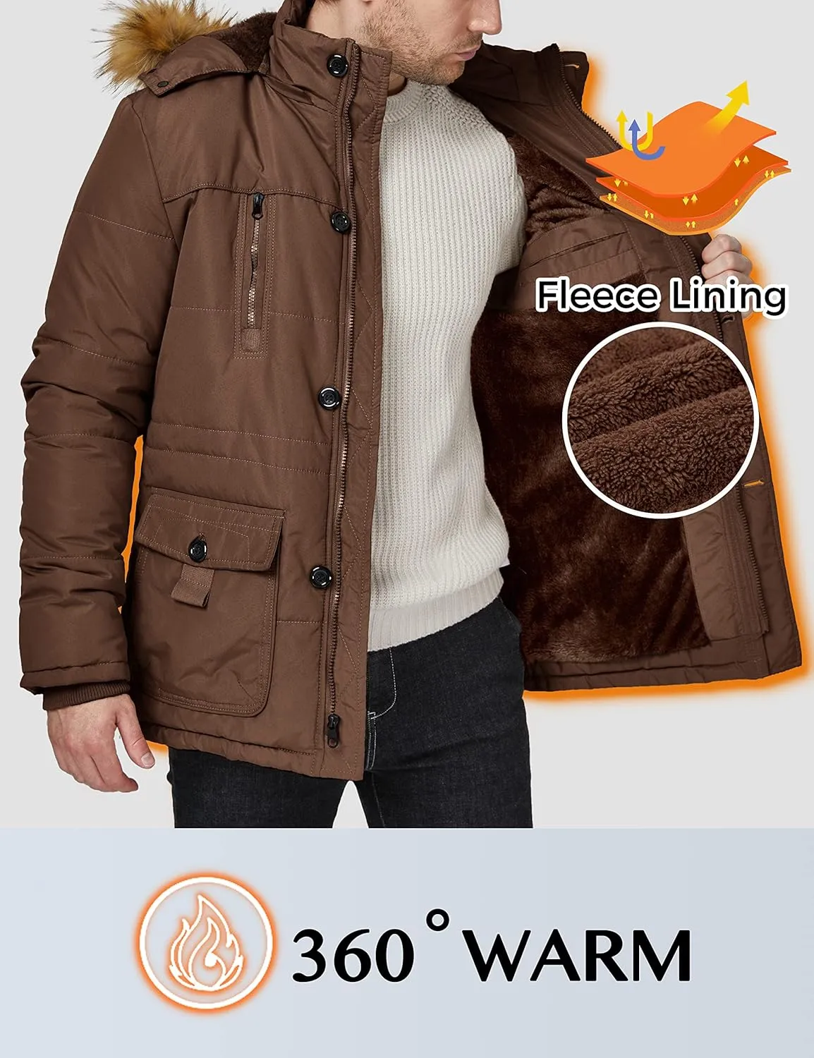 WenVen Men's Winter Coat Warm Parka Jacket with Faux Fur Removable Hood