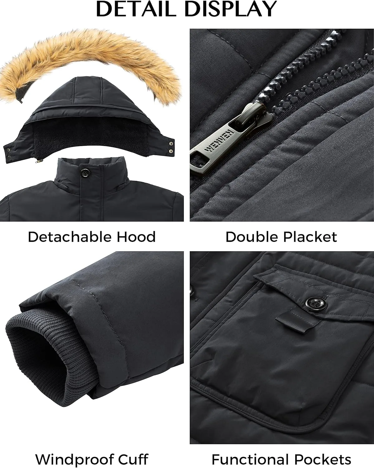 WenVen Men's Winter Coat Warm Parka Jacket with Faux Fur Removable Hood