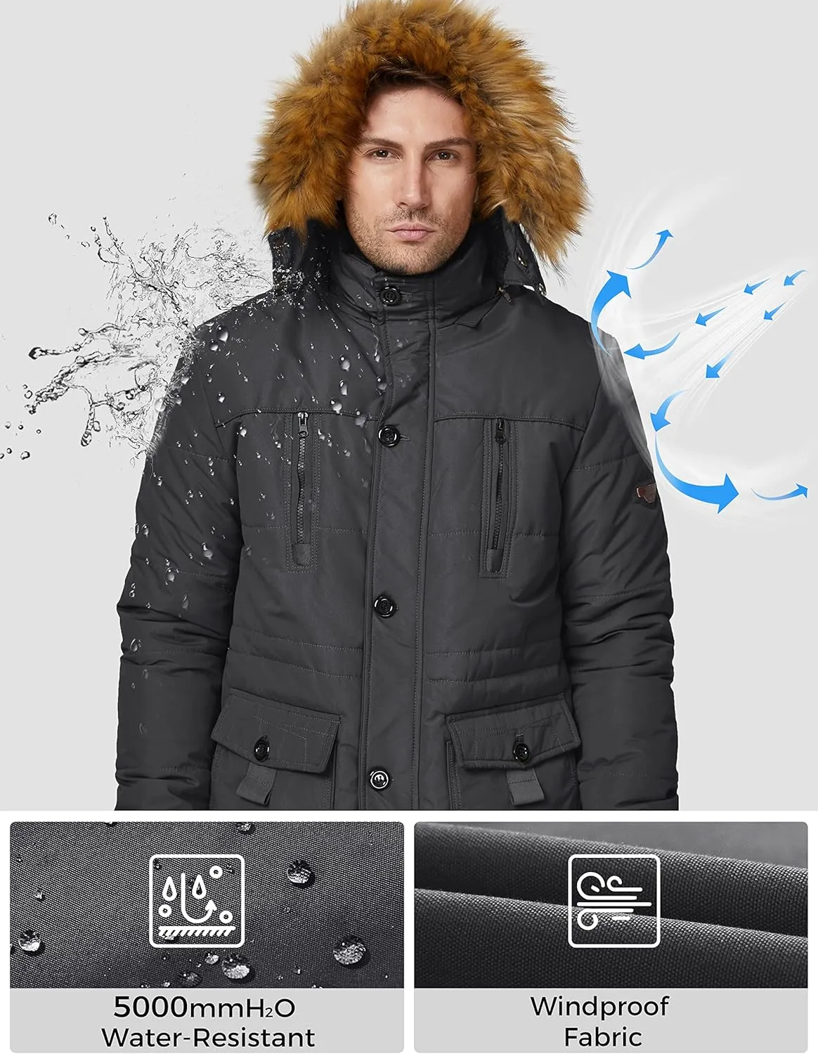 WenVen Men's Winter Coat Warm Parka Jacket with Faux Fur Removable Hood