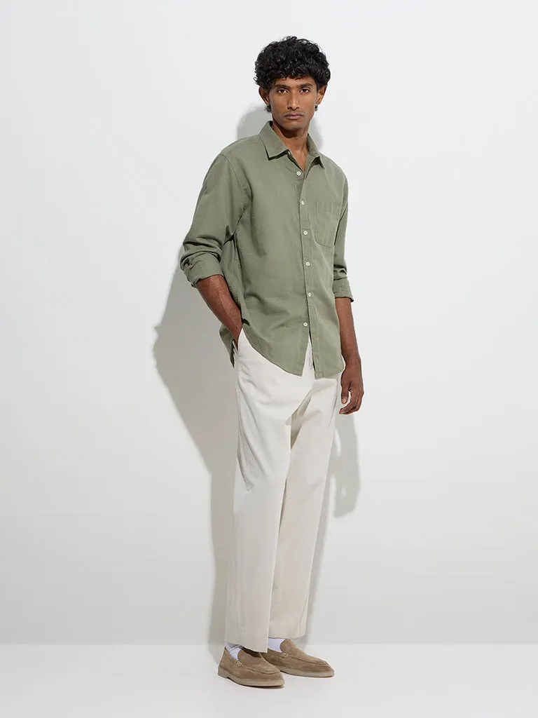 WES Casuals Dark Sage Relaxed-Fit Cotton-Blend Shirt