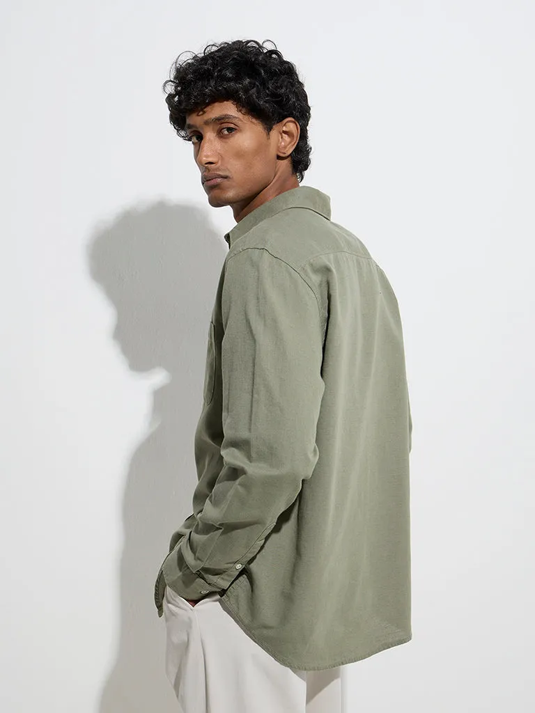 WES Casuals Dark Sage Relaxed-Fit Cotton-Blend Shirt