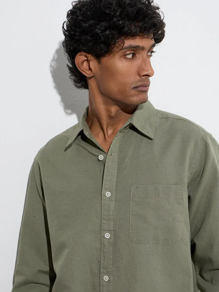 WES Casuals Dark Sage Relaxed-Fit Cotton-Blend Shirt