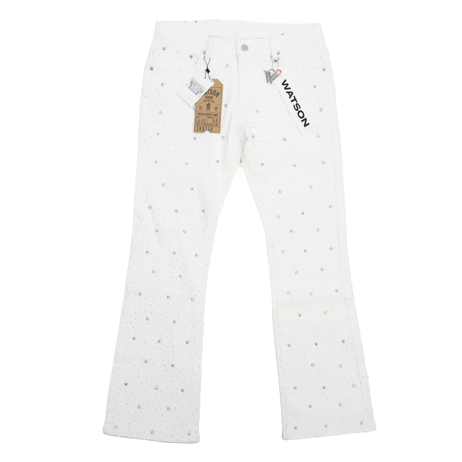 WHITE EMBELLISHED RHINESTONE CRYSTAL WATSON DENIM