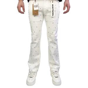 WHITE EMBELLISHED RHINESTONE CRYSTAL WATSON DENIM