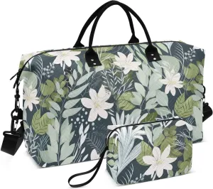White Flowers Tropics Leaves Sports Gym Bag for Women Men Travel Duffel Bag Weekend Overnight Carry on Bag with Toiletry Bag Workout Dance Bag for Hospital Plane Swimming Yoga Workout