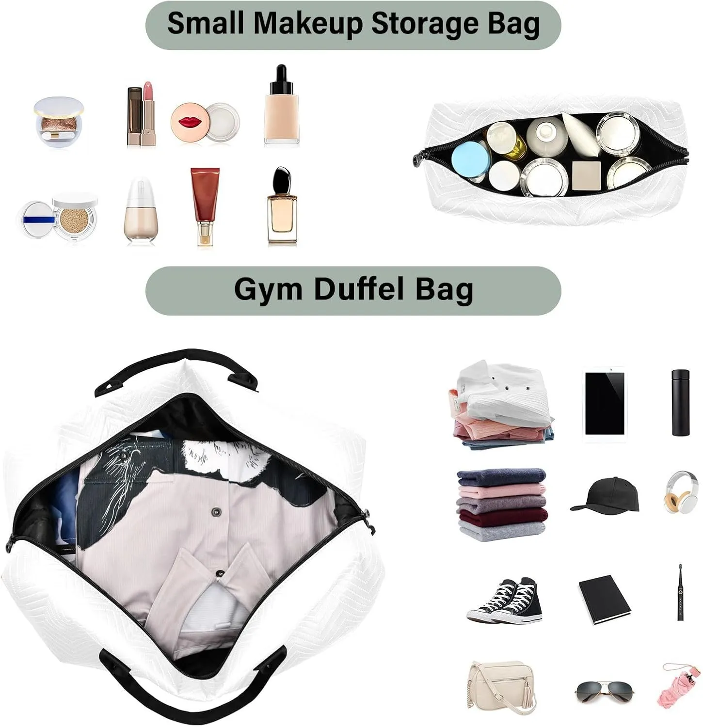 White Travel Duffle Bag Duffel Bags Carry On Overnight Bag Large Weekender Duffle Bags Gym Bag with Toiletry Bag Hospital Bag for Yoga Women Airplanes Men Adults Trip Sports