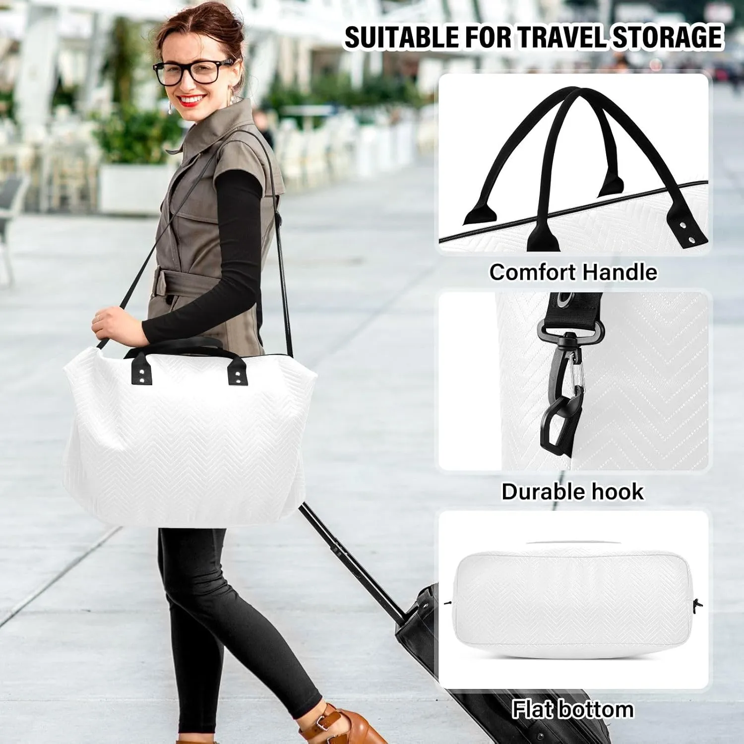 White Travel Duffle Bag Duffel Bags Carry On Overnight Bag Large Weekender Duffle Bags Gym Bag with Toiletry Bag Hospital Bag for Yoga Women Airplanes Men Adults Trip Sports
