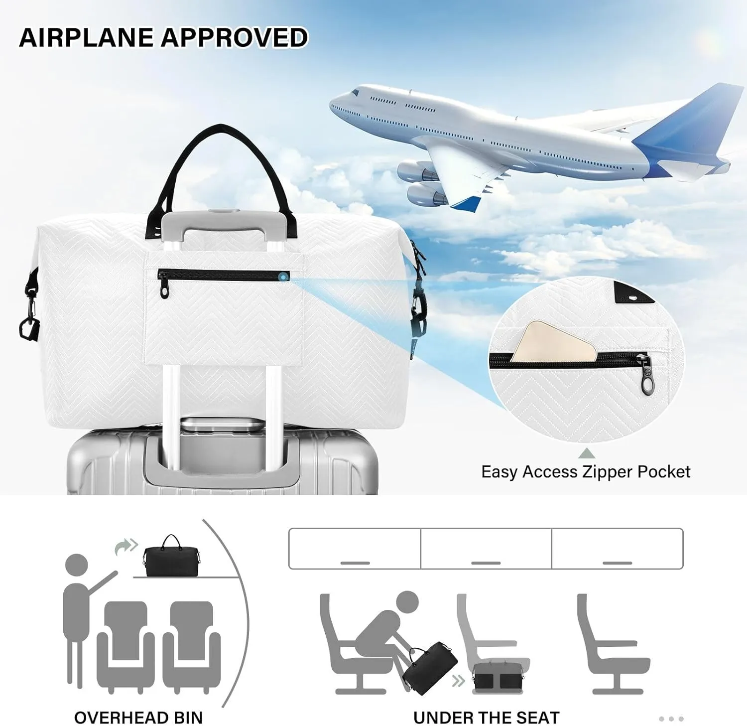 White Travel Duffle Bag Duffel Bags Carry On Overnight Bag Large Weekender Duffle Bags Gym Bag with Toiletry Bag Hospital Bag for Yoga Women Airplanes Men Adults Trip Sports