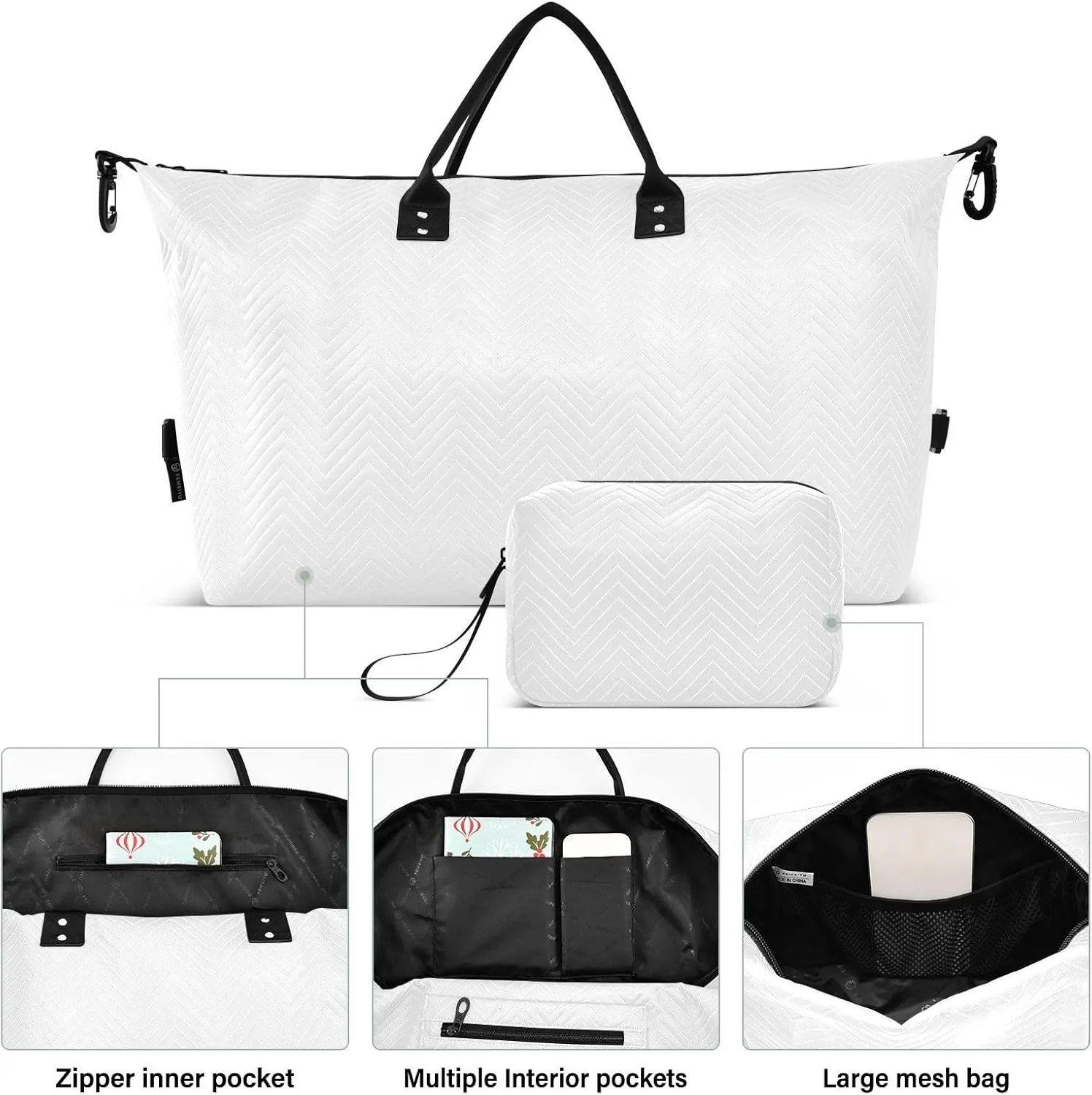 White Travel Duffle Bag Duffel Bags Carry On Overnight Bag Large Weekender Duffle Bags Gym Bag with Toiletry Bag Hospital Bag for Yoga Women Airplanes Men Adults Trip Sports