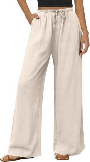 Wide Leg Linen Pants Women Drawstring High Waist Lightweight Palazzo Pants Lounge Boho Beach Flowy Trousers w/Pockets