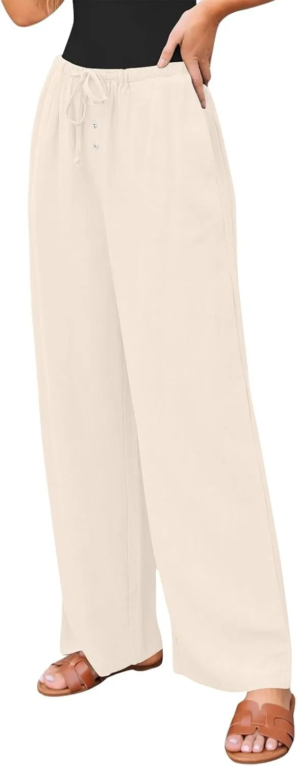 Wide Leg Linen Pants Women Drawstring High Waist Lightweight Palazzo Pants Lounge Boho Beach Flowy Trousers w/Pockets