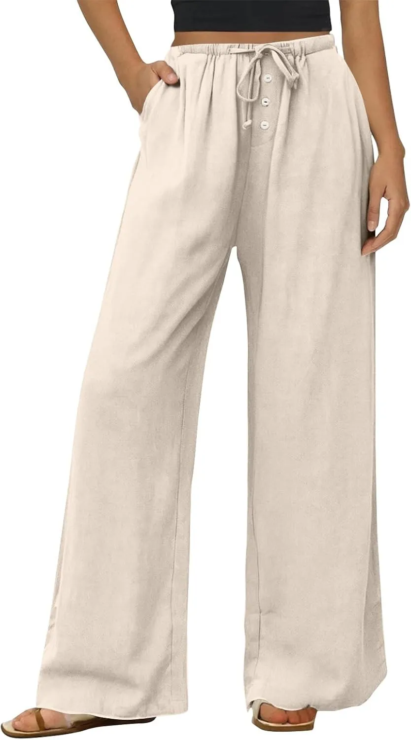 Wide Leg Linen Pants Women Drawstring High Waist Lightweight Palazzo Pants Lounge Boho Beach Flowy Trousers w/Pockets
