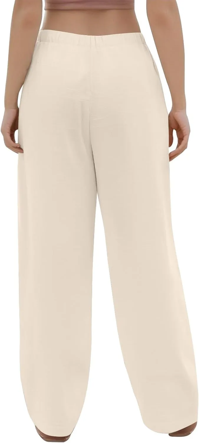 Wide Leg Linen Pants Women Drawstring High Waist Lightweight Palazzo Pants Lounge Boho Beach Flowy Trousers w/Pockets