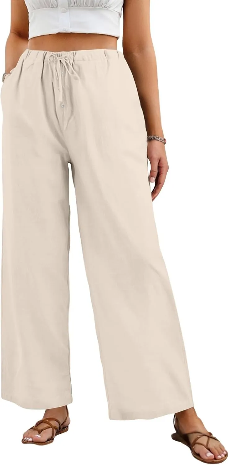 Wide Leg Linen Pants Women Drawstring High Waist Lightweight Palazzo Pants Lounge Boho Beach Flowy Trousers w/Pockets