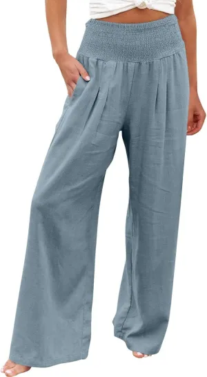 Wide Leg Pants Women Summer Casual Drawstring High Waist Cotton Linen Trousers Resort Wear Beach Trendy Palazzo Pant